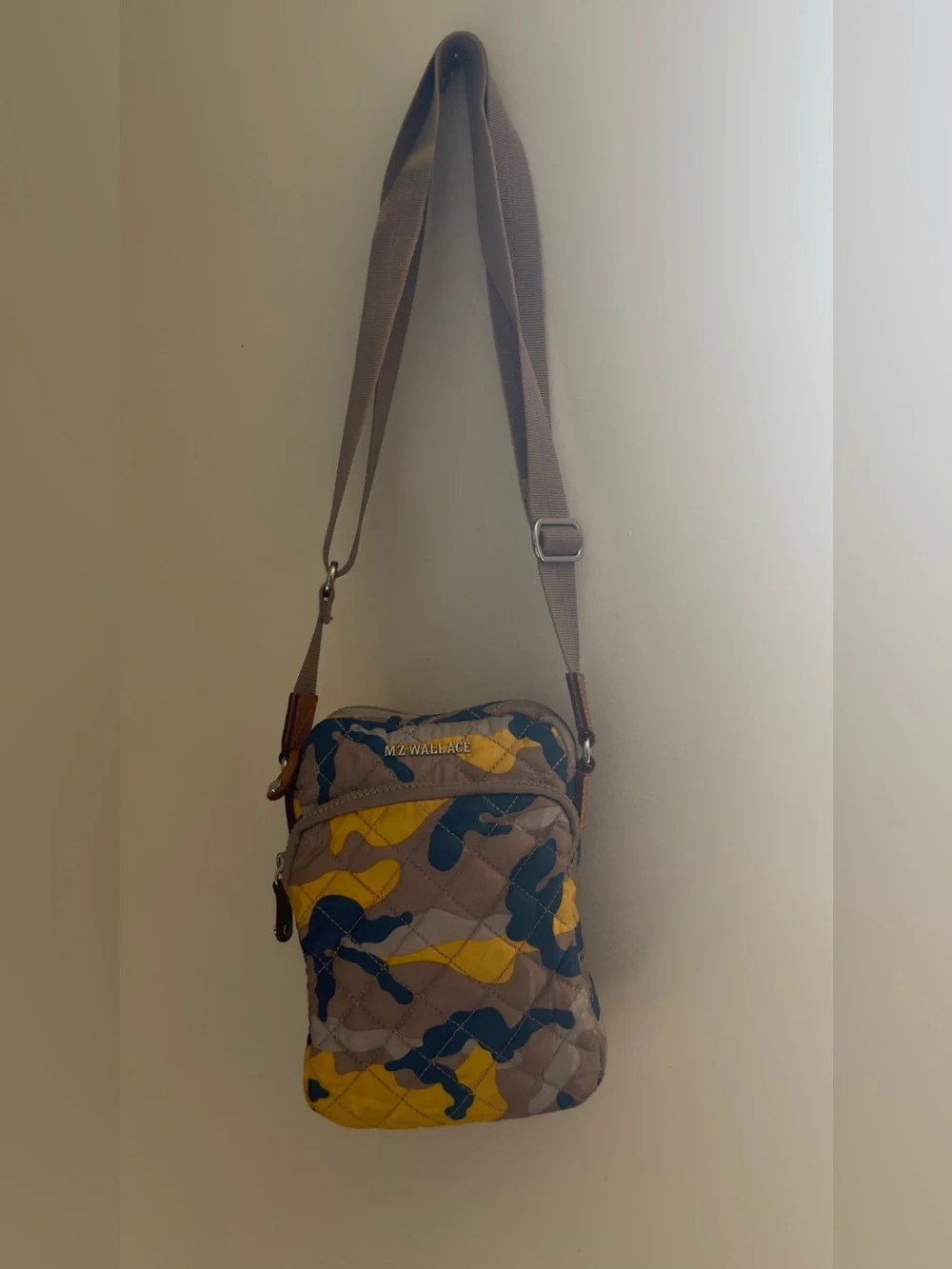 MZ Wallace Metro Crossbody Bag Spring Camo Quilted Nylon Yellow Blue Phone Pouch